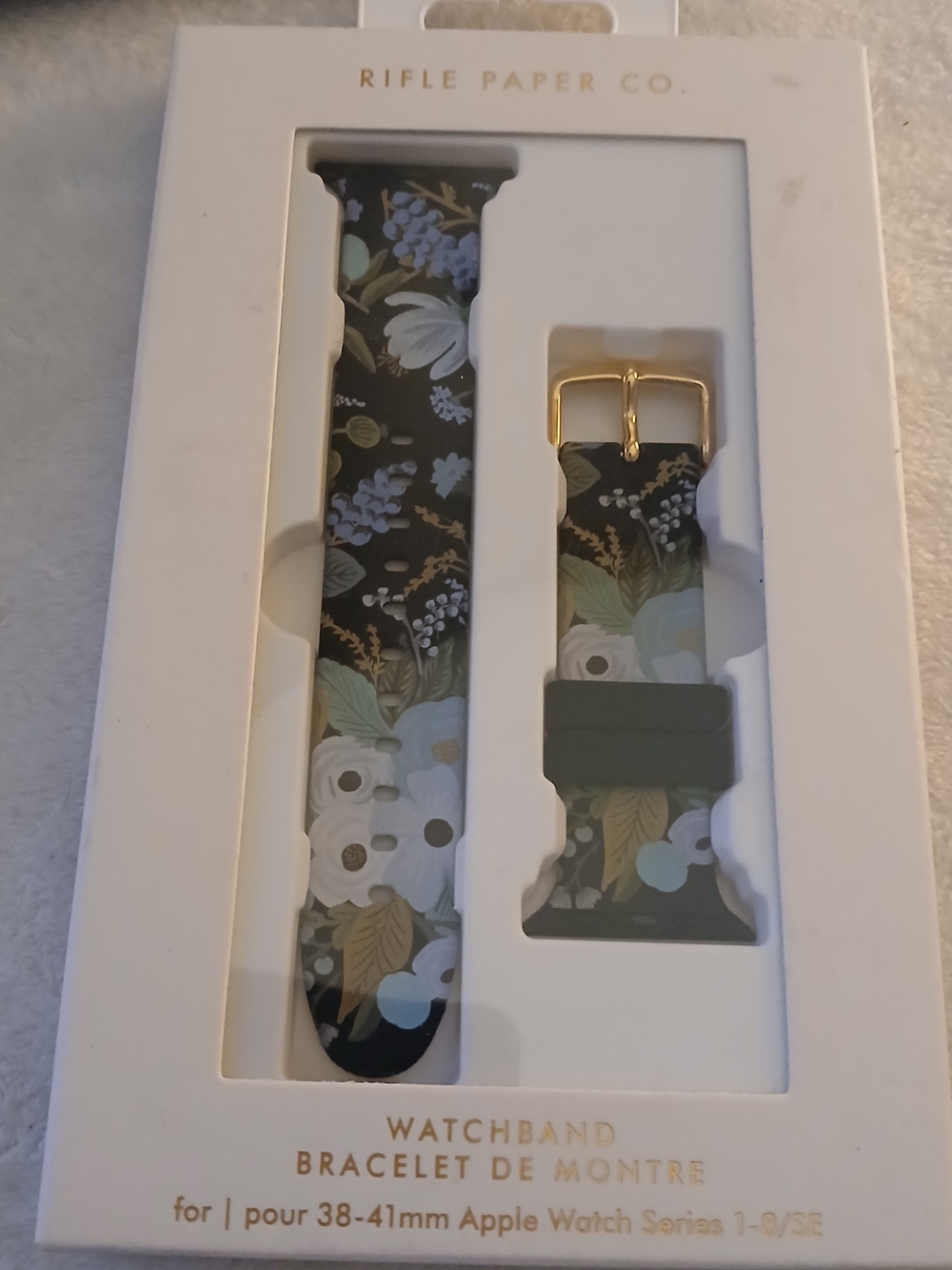 Rifle Paper Co. Dark Green Floral Apple Watch Band with Gold Buckle
